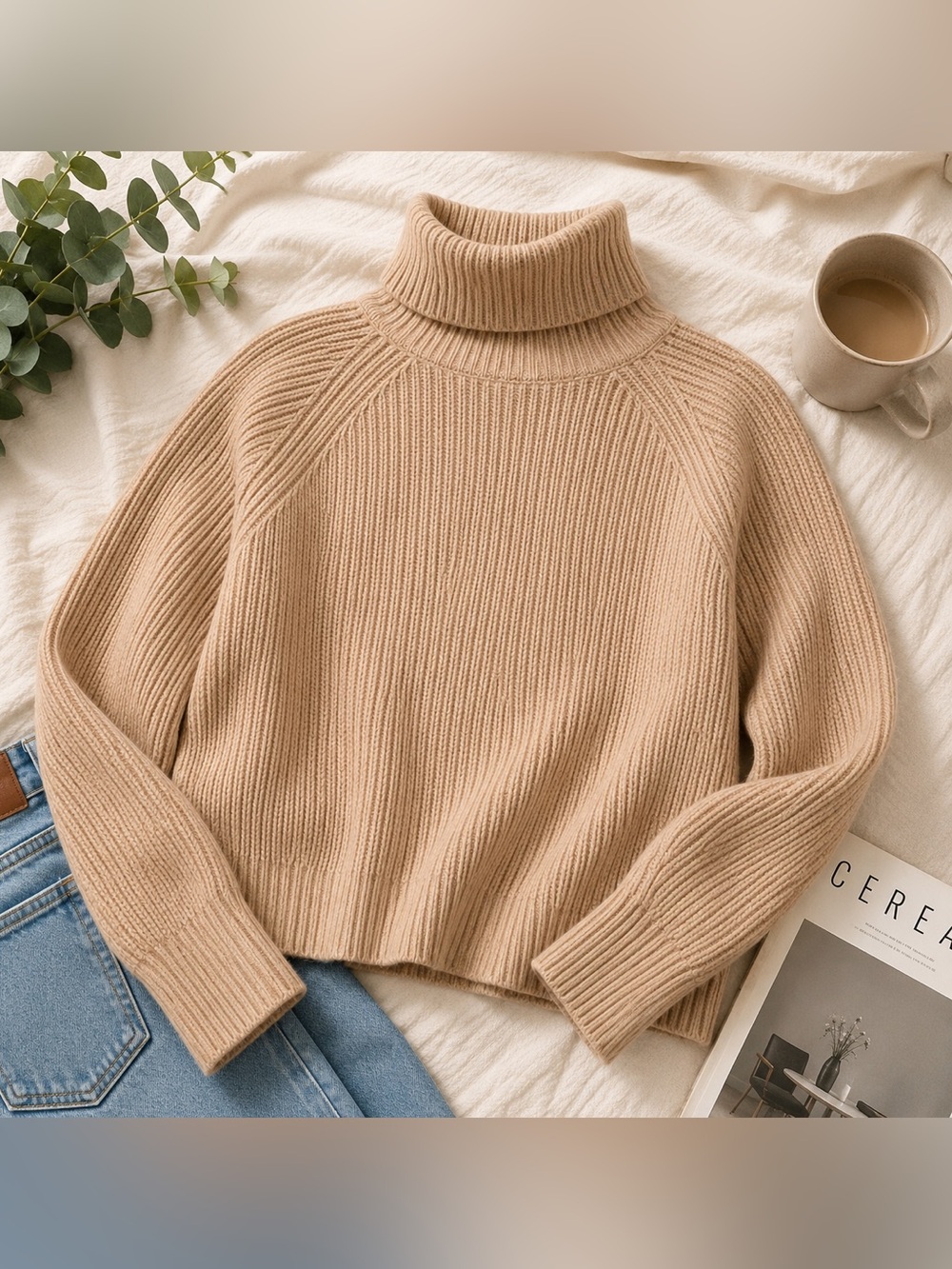 H&M Beige Chunky Ribbed Turtleneck Sweater Small Quiet Luxury Cozy Neutral